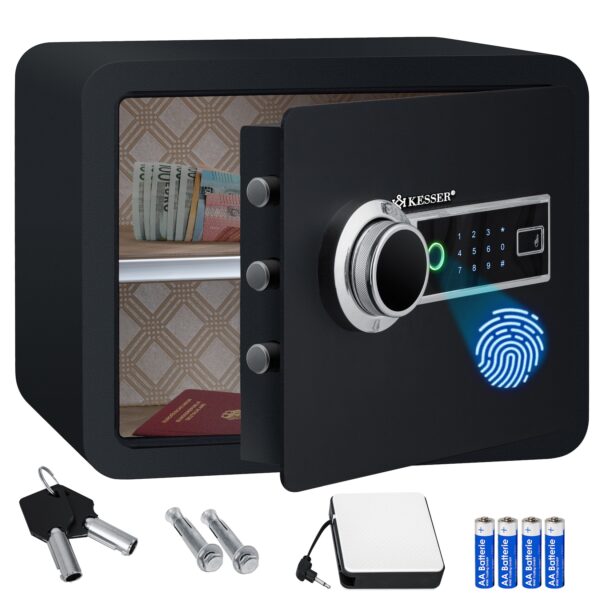 KESSER® Elektr. Tresor mit Fingerabdruck   Inkl. Batteriebox   Elektronischer Safe   3x Doppelbolzenverriegelung   Boden Wandtresor   Möbeltresor   Beleuchtung   Panzerschrank Zahlenschloss