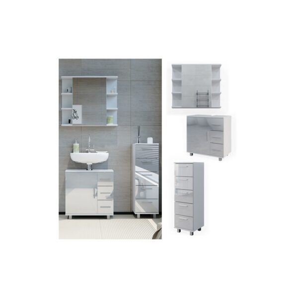 Vicco Badmöbelset Ilias Weiß Hochglanz modern Badezimmer Schrank Badschrank Waschtischunterschrank Spiegelschrank Midischrank Schranktür Schrankschublade Schrankfach Ablage Aufbewahrung